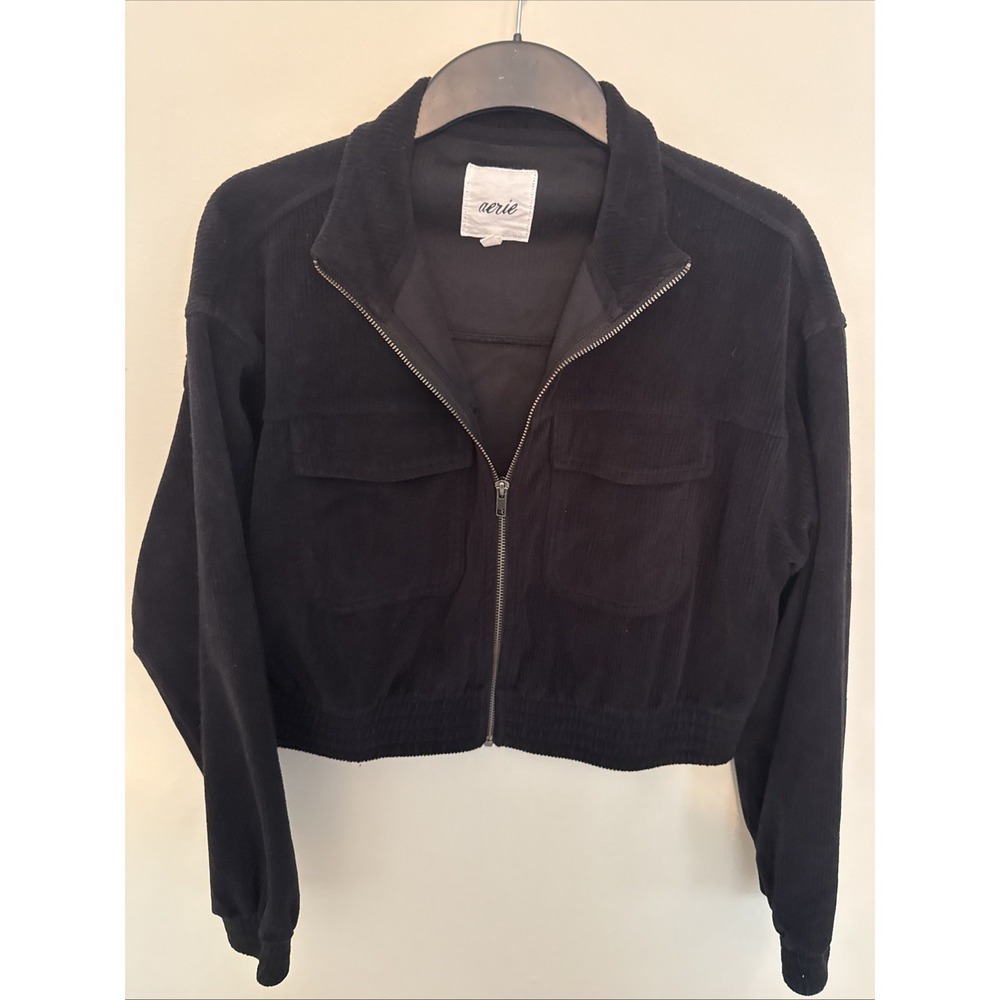 Aerie Groove On Full Zip Up Cropped Sweatshirt Jacket Black Velour Size Medium